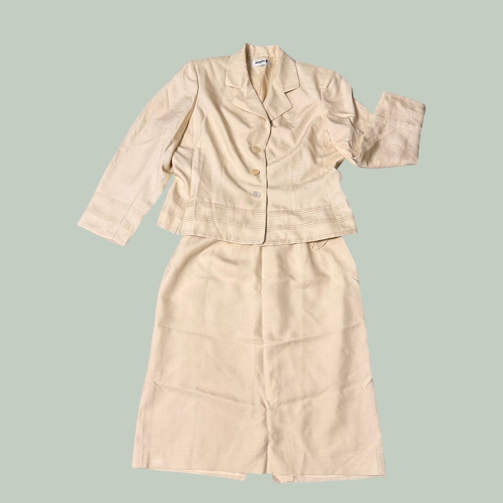 Kasper Skirt Suit Women 12P Cream Quiet Luxury Silk 2pc Blazer Pencil Skirt Set